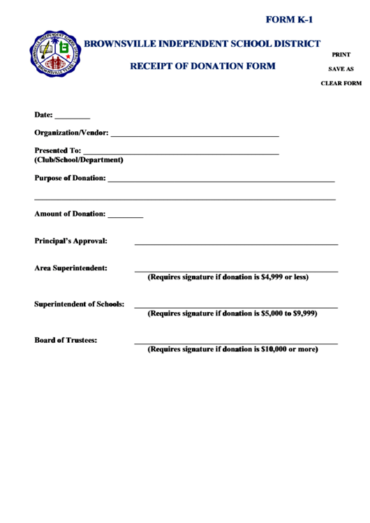 Fillable Brownsville Independent School District Receipt Of Donation Form Printable pdf