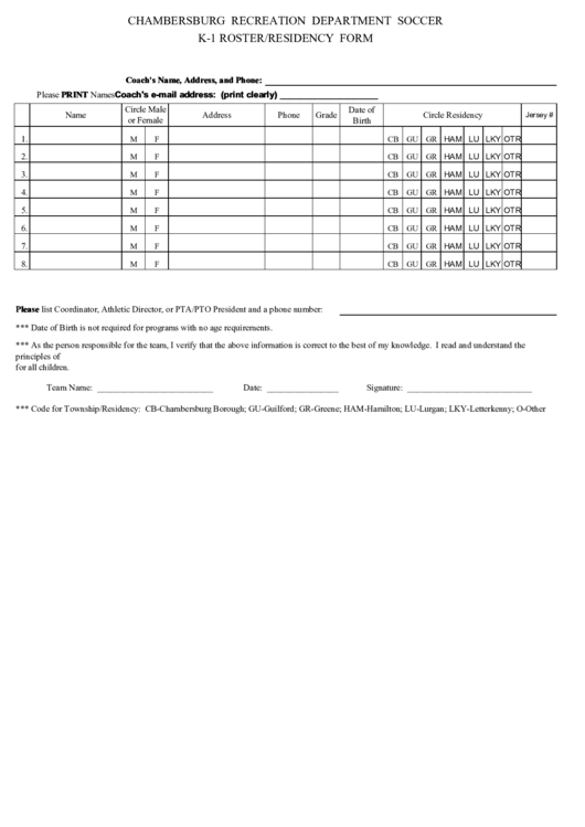 Chambersburg Recreation Department Soccer K-1 Roster/residency Form Printable pdf