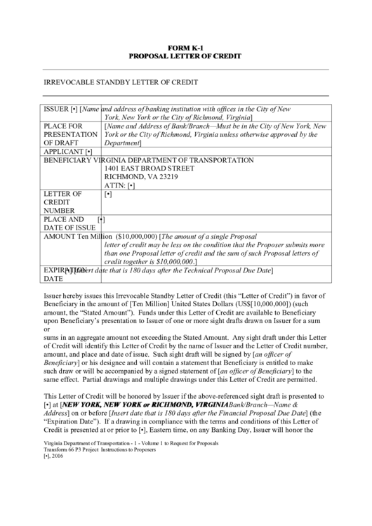 Form K-1 - Proposal Letter Of Credit