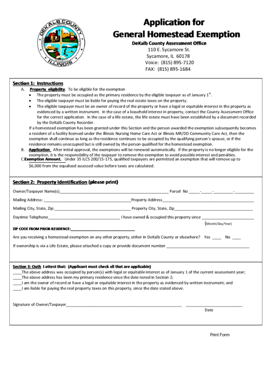 Fillable Application For General Homestead Exemption printable pdf download