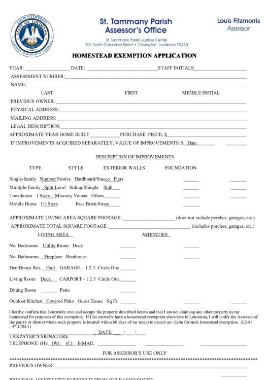 Homestead Exemption Application Printable pdf