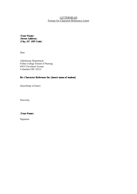 Character Reference Letter Format Printable pdf