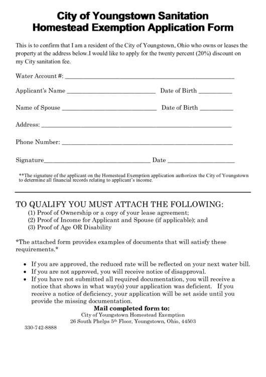 City Of Youngstown Sanitation Homestead Exemption Application Form Printable pdf