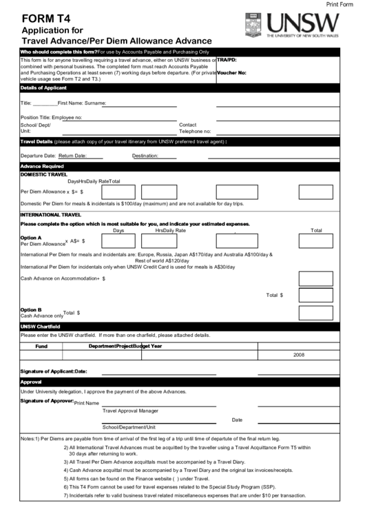 Application For Travel Advance/per Diem Allowance Advance - The University Of New South Wales Printable pdf