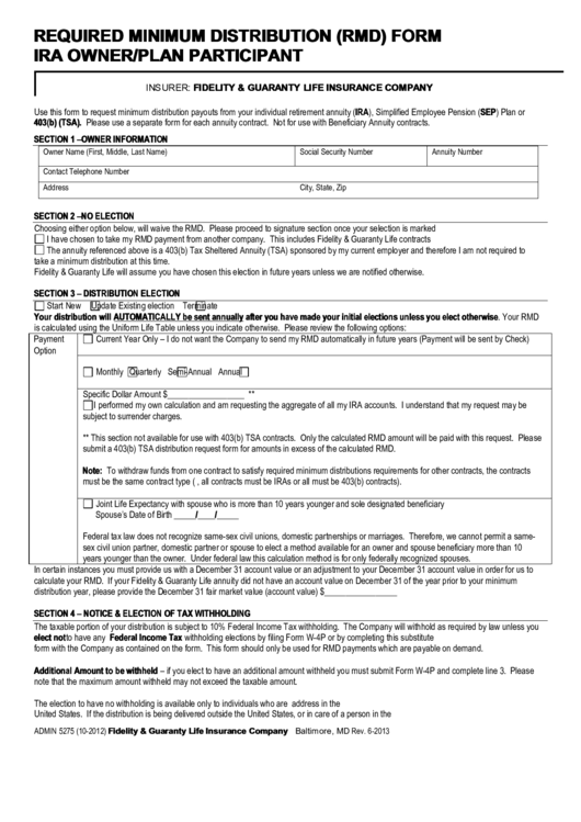 Fillable Required Minimum Distribution (Rmd) Form Ira Owner/plan Participant Form Printable pdf