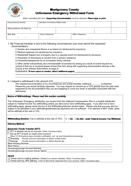 Montgomery County Unforeseen Emergency Withdrawal Form Printable pdf