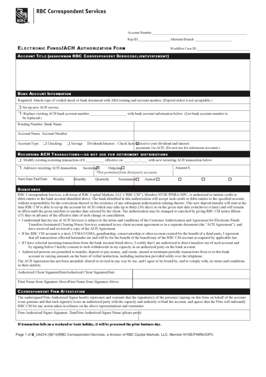 Electronic Funds/ach Authorization Form Printable pdf