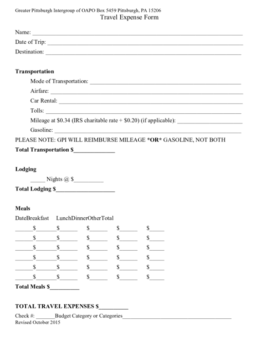 Travel Expense Form Printable pdf