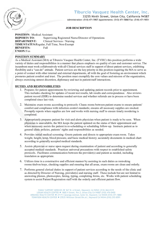 Medical Assistant Job Description Printable pdf