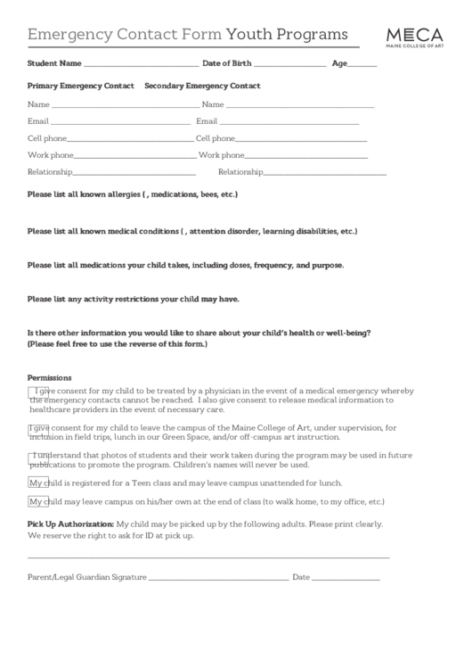 Emergency Contact Form Youth Programs Printable pdf