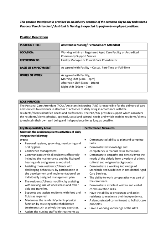 Personal Care Attendant/assistant In Nursing Position Description Printable pdf