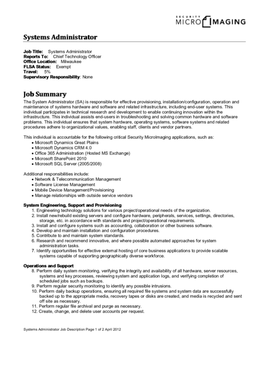 Systems Administrator Job Description Template Printable pdf