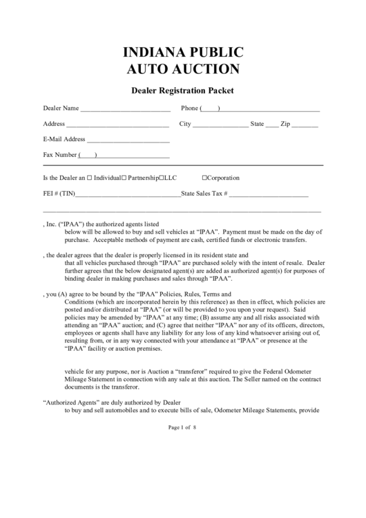 Indiana Public Auto Auction - Dealer Registration Packet Printable pdf