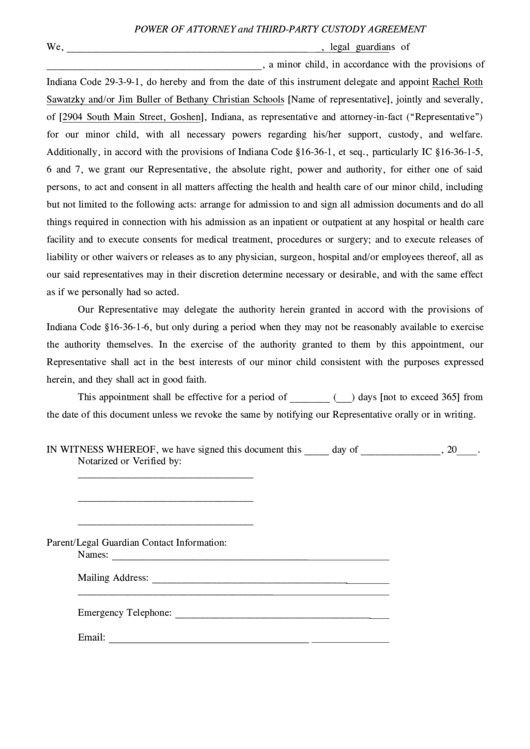 Power Of Attorney And Third-Party Custody Agreement Printable pdf