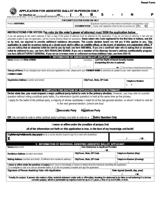 Fillable Application For Absentee Ballot In-Person Only Printable pdf