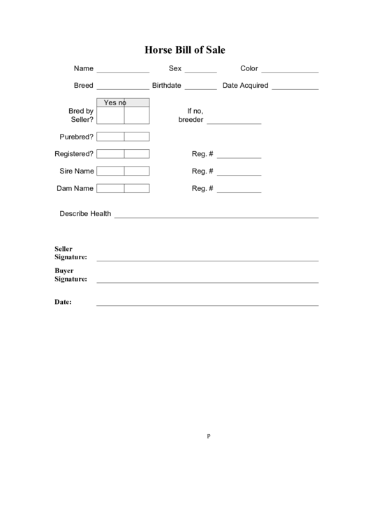 Horse Bill Of Sale Printable pdf