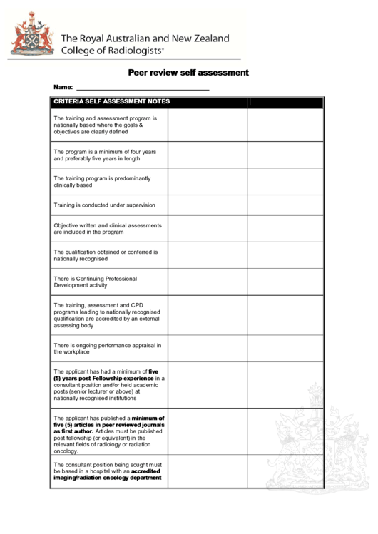 Fillable Peer Review Self Assessment Printable pdf