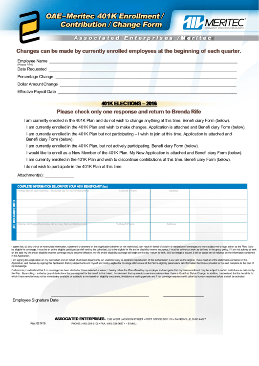 Fillable Oae-Meritec 401k Enrollment / Contribution / Change Form Printable pdf
