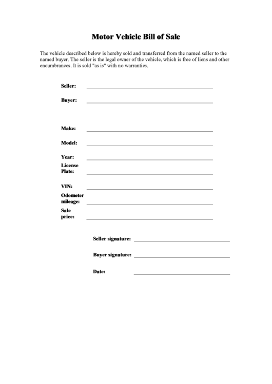 Motor Vehicle Bill Of Sale Form Printable pdf