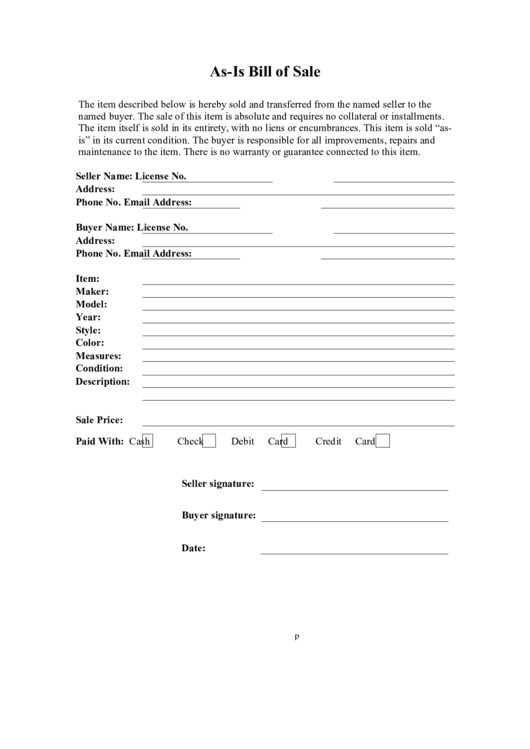 As Is Bill Of Sale Form Printable pdf