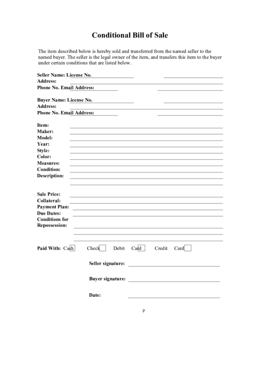 Conditional Bill Of Sale Form Printable pdf