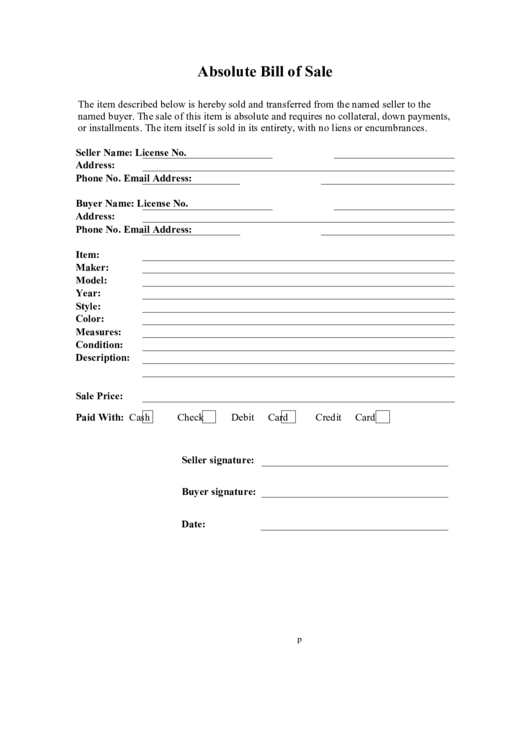 Absolute Bill Of Sale Form Printable pdf