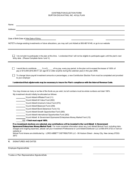 Contribution Election Form Burton Excavating, Inc. 401(K) Plan Printable pdf