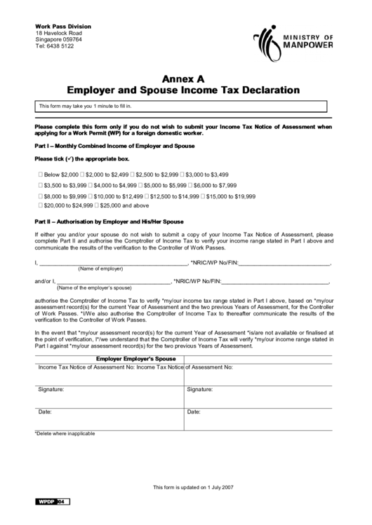 Employer And Spouse Income Tax Declaration Printable pdf