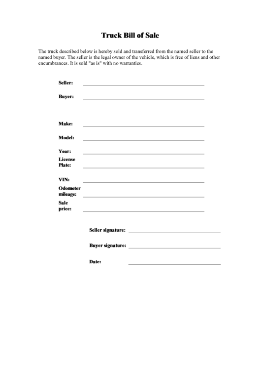 Truck Bill Of Sale Form Printable pdf