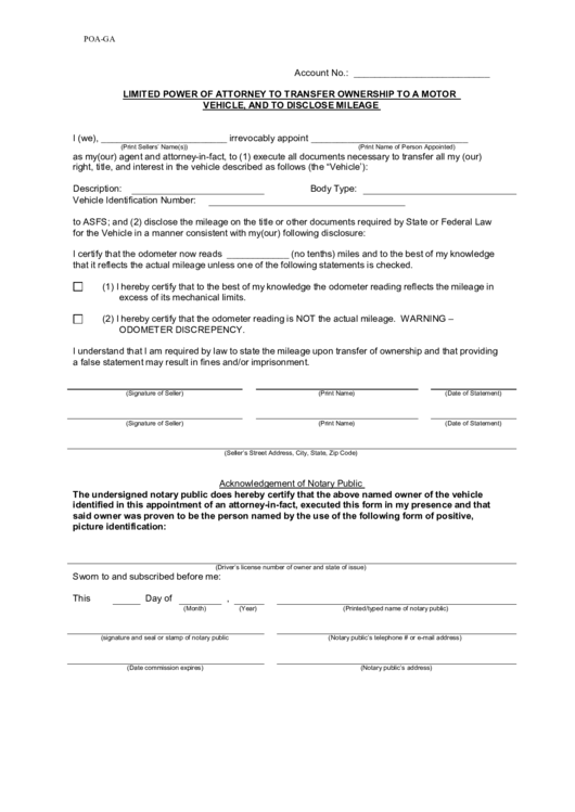 Limited Power Of Attorney To Transfer Ownership To A Motor Vehicle Printable pdf