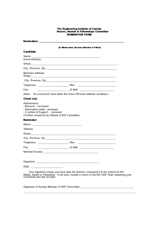 The Engineering Institute Of Canada Honors, Awards & Fellowships Committee Nomination Form Printable pdf