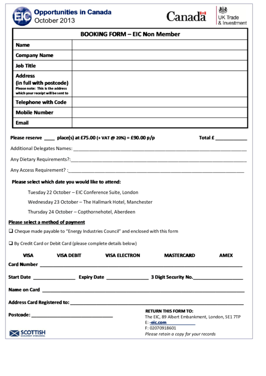 Fillable Booking Form - Eic Non Member Printable pdf