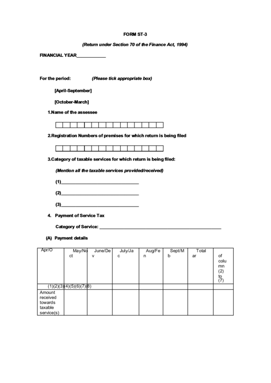 Form St-3 (Return Under Section 70 Of The Finance Act, 1994) Printable pdf
