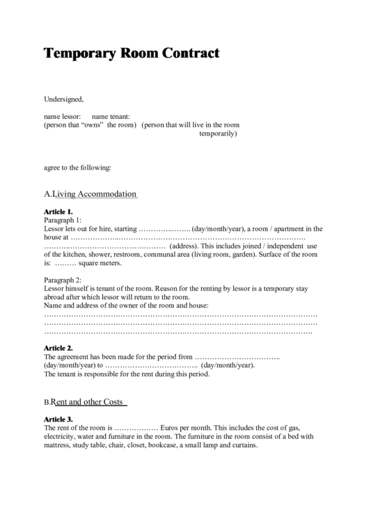 Temporary Room Rental Contract Form