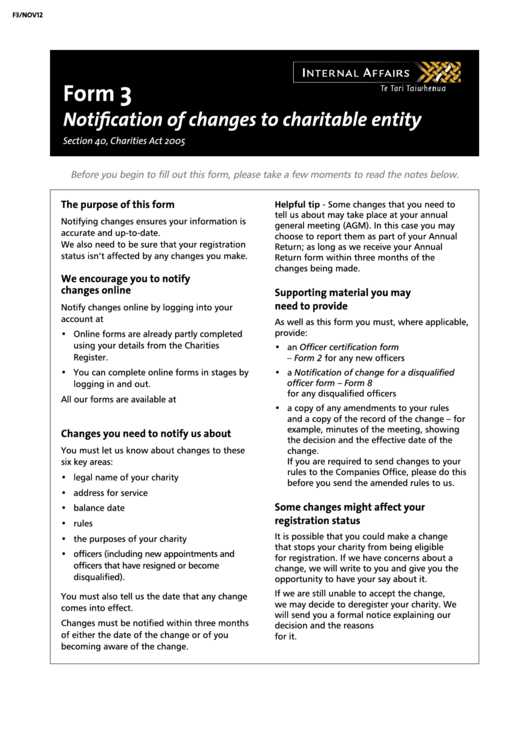Form 3 - Notification Of Changes To Charitable Entity (New Zealand) Printable pdf
