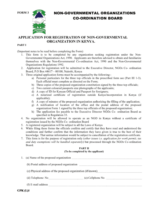 Form 3 - Application For Registration Of Non-Governmental Organization In Kenya Printable pdf
