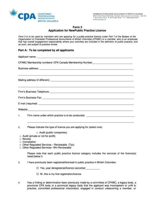 Fillable Form 3 - Application For New Public Practice Licence Printable pdf