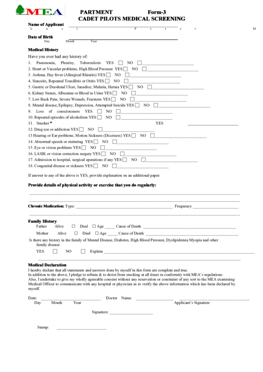 Form-3 - M.e.a. Medical Department Cadet Pilots Medical Screening Form Printable pdf