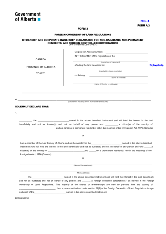 Fillable Form A.3 - Foreign Ownership Of Land Regulations Printable pdf