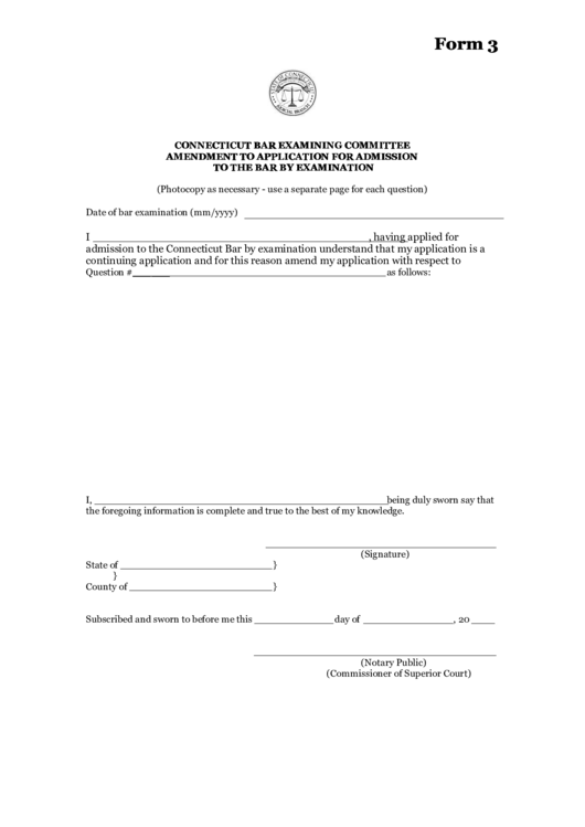 Fillable Form 3 - Connecticut Bar Examining Committee Amendment To Application For Admission To The Bar By Examination Printable pdf