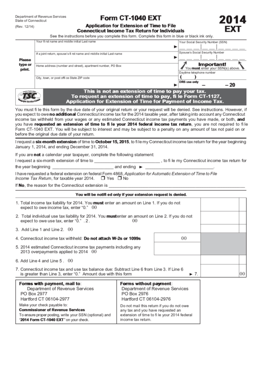 Form Ct-1040 Ext - Application For Extension Of Time To File Connecticut Income Tax Return For Individuals - 2014 Printable pdf