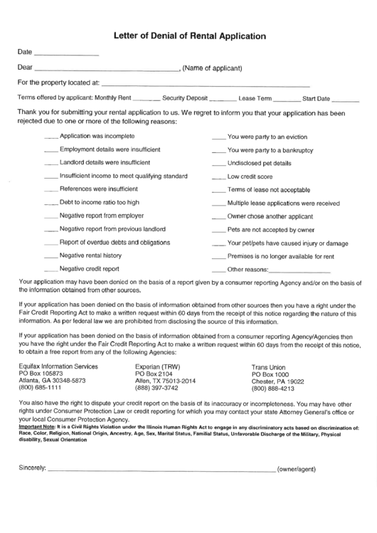 Letter Of Denial Of Rental Application Printable pdf