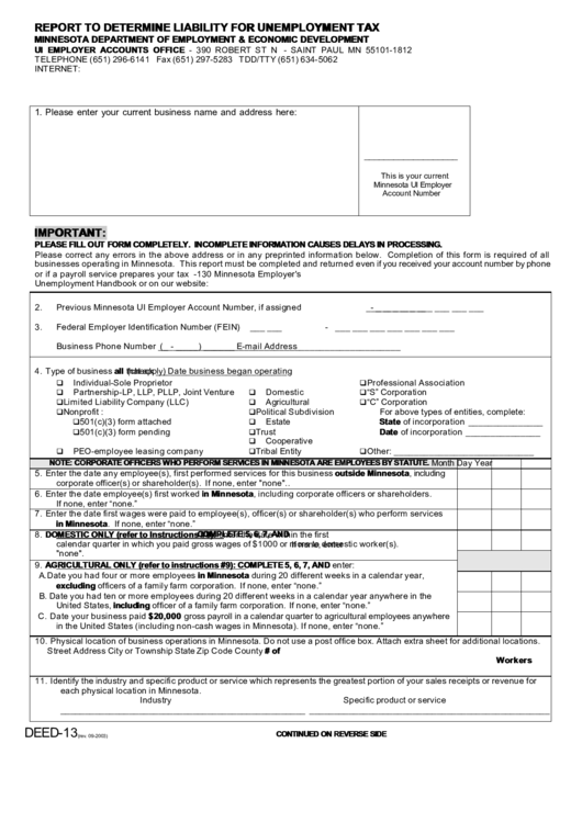 Form Deed-13 - Report To Determine Liability For Unemployment Tax - 2003 Printable pdf