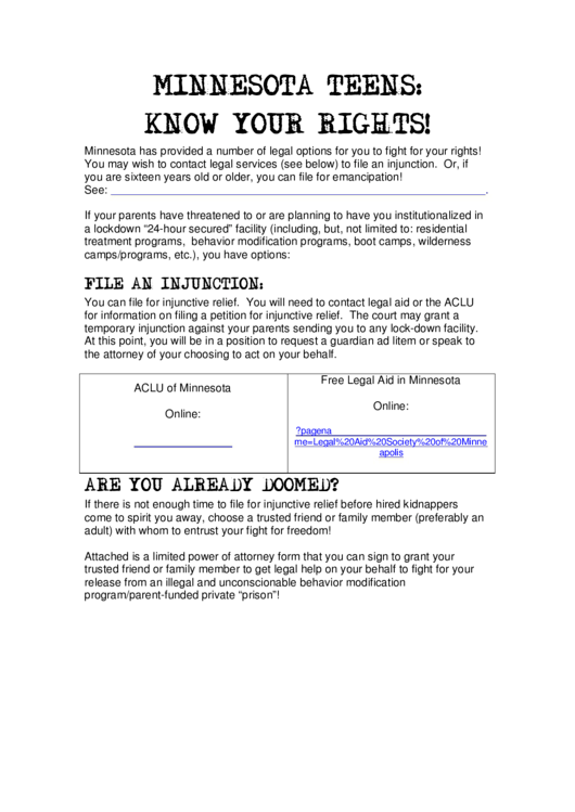 Limited Power Of Attorney Form - Minnesota Printable pdf