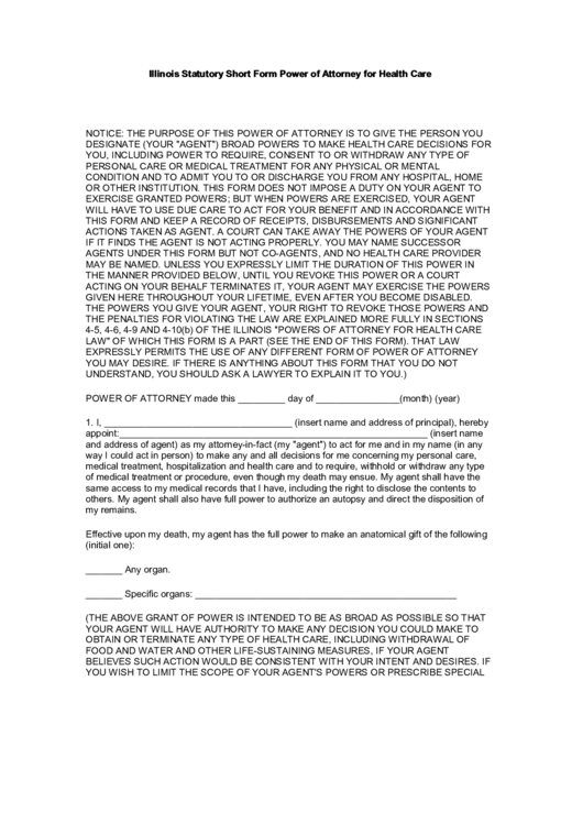 Illinois Statutory Short Form Power Of Attorney For Health Care Printable pdf