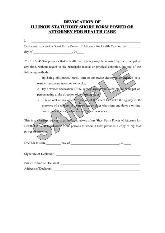 Revocation Of Illinois Statutory Short Form Power Of Attorney For Health Care Printable pdf