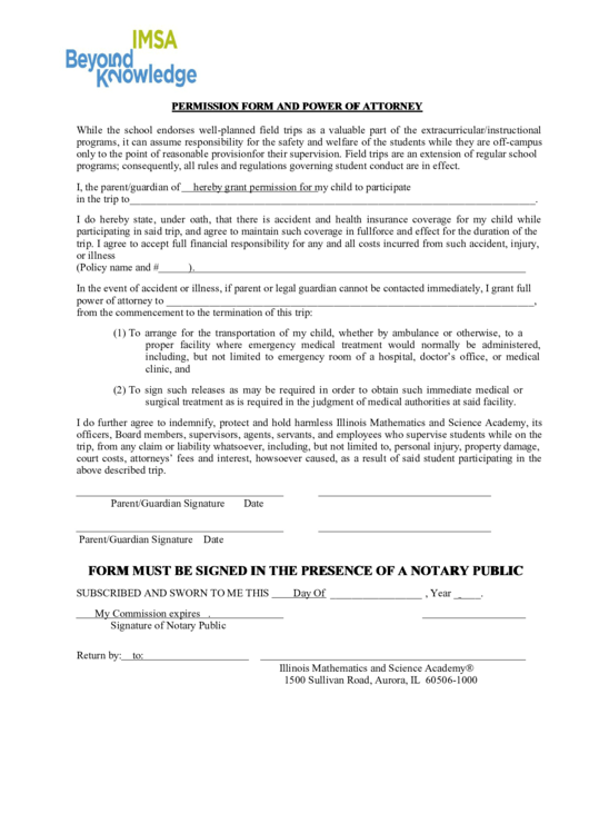 Permission Form And Power Of Attorney Printable pdf