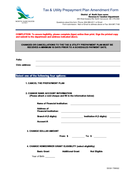 Tax & Utility Prepayment Plan Amendment Form Printable pdf