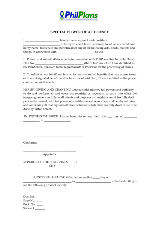 Special Power Of Attorney Printable pdf