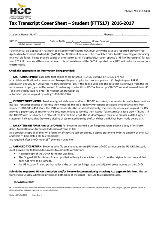 Tax Transcript Cover Sheet Template - Student (ftts17)